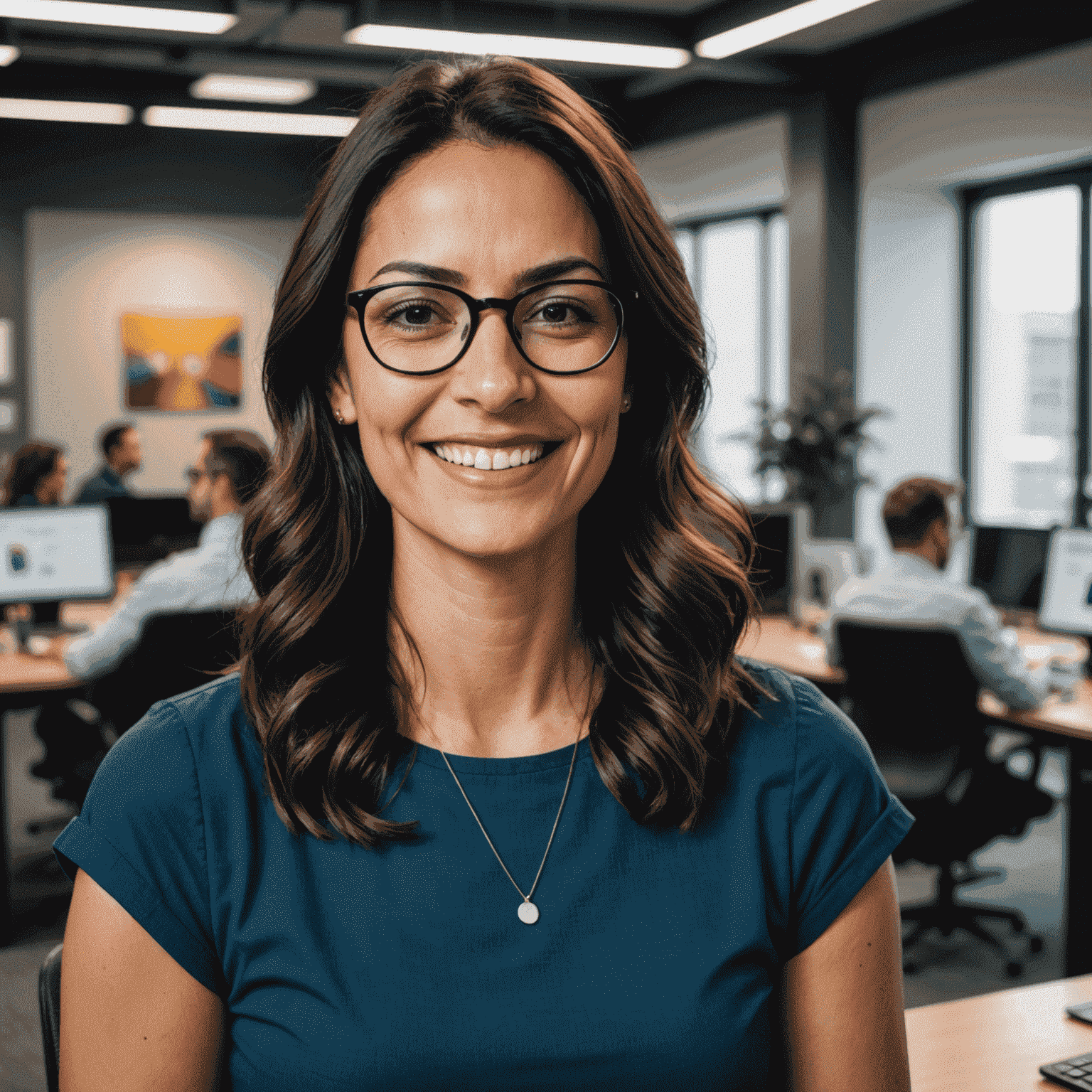 Foto de María González, diseñadora UX senior con gafas y cabello oscuro, sonriendo en un ambiente de oficina moderno