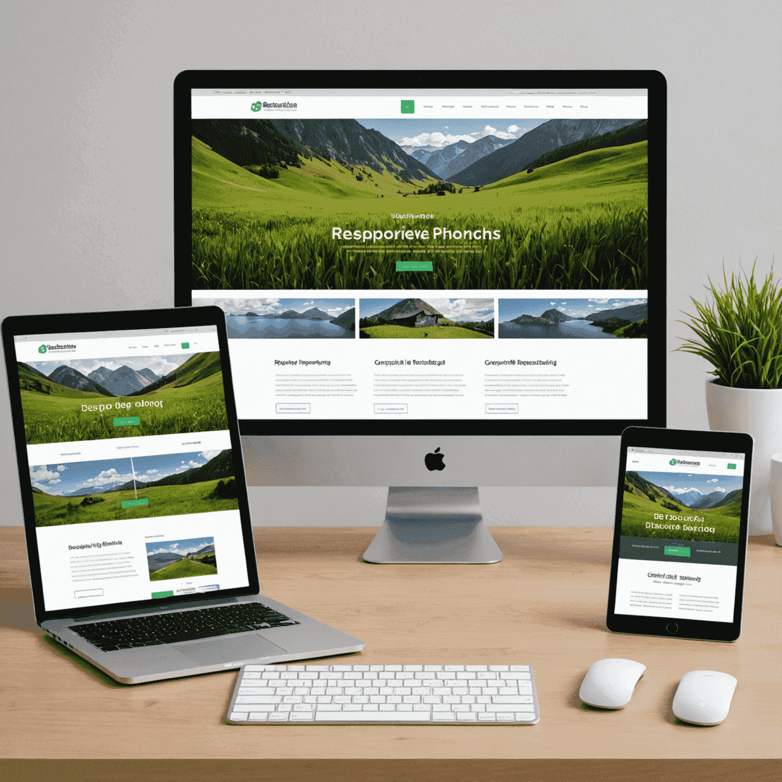Imagen que muestra un sitio web adaptándose a diferentes dispositivos: computadora de escritorio, tableta y teléfono móvil, ilustrando el concepto de diseño responsivo