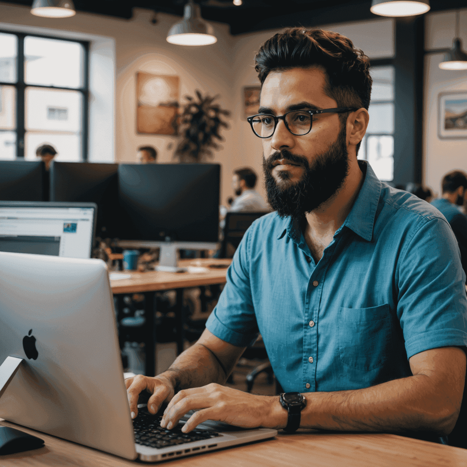 Foto de Carlos Ramírez, desarrollador front-end con barba y camisa azul, trabajando en su computadora en un espacio de coworking