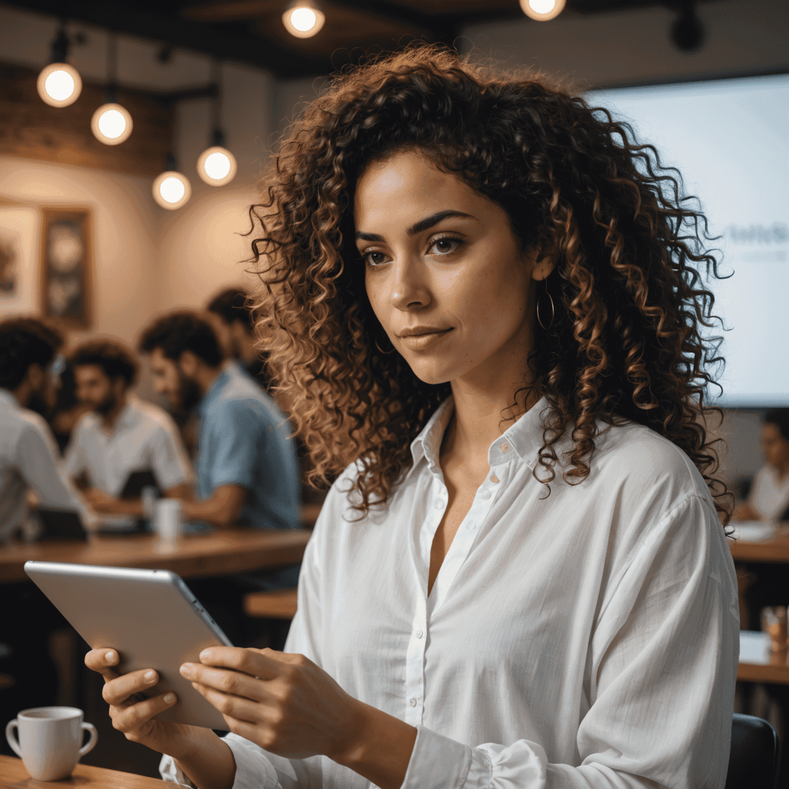 Foto de Ana Martínez, diseñadora UI con cabello rizado y blusa blanca, presentando un diseño en una tablet