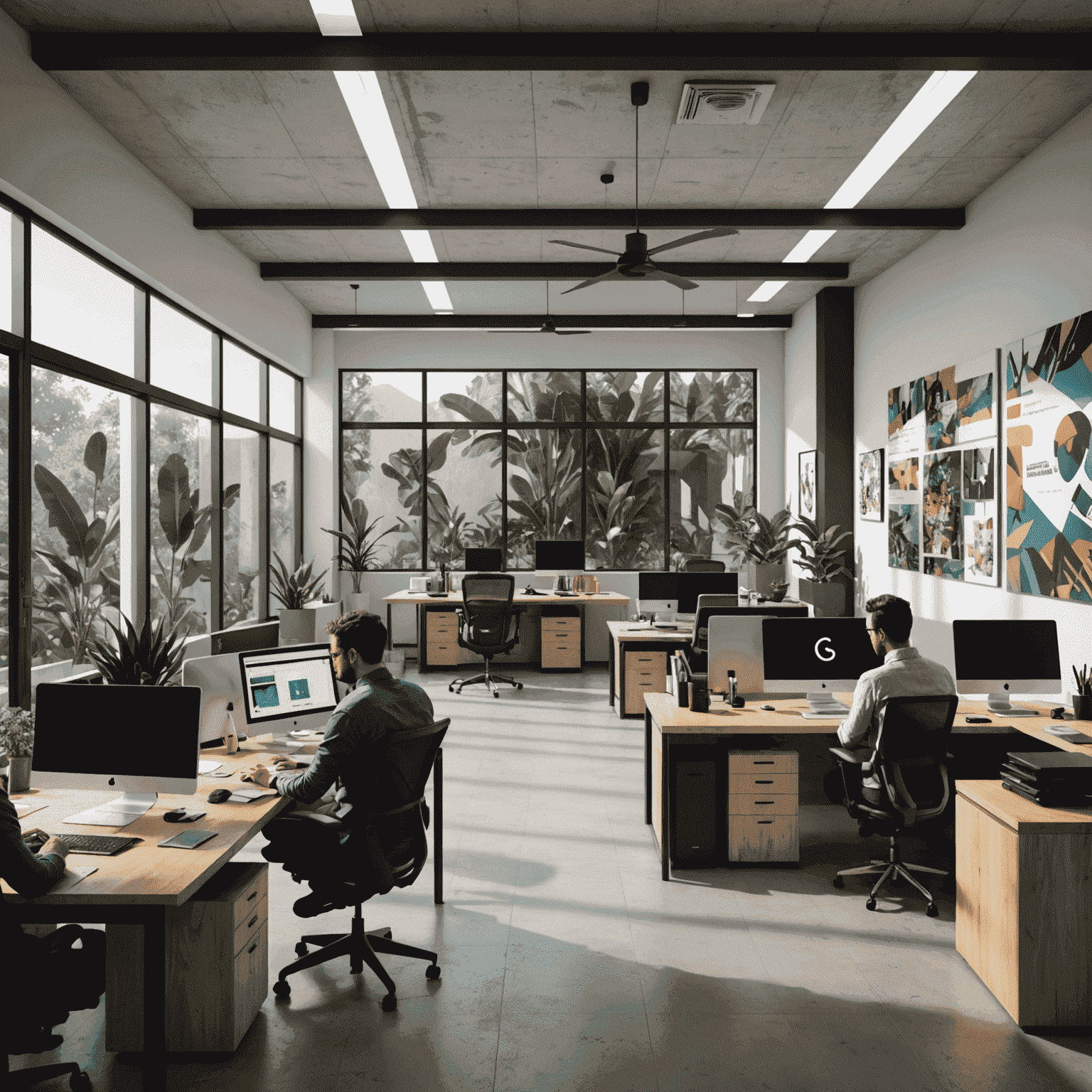 Imagen de la oficina de sejoqou_pro en México, mostrando un espacio de trabajo moderno y abierto con diseñadores trabajando en sus estaciones, paredes con diseños gráficos y una sala de reuniones con paredes de cristal