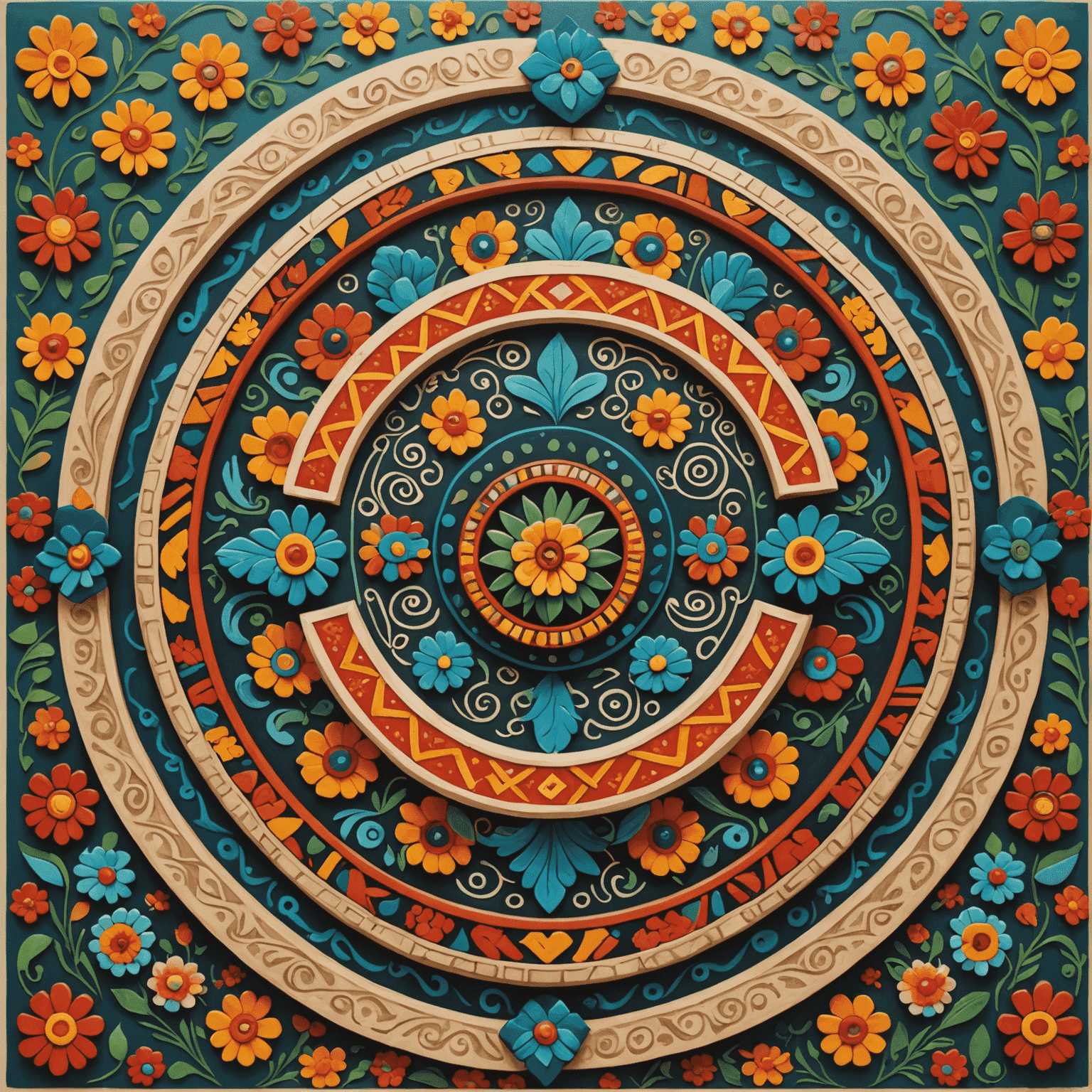 Imagen que muestra una interfaz web moderna con elementos de diseño mexicano tradicional, como patrones coloridos, iconografía azteca y motivos florales estilizados